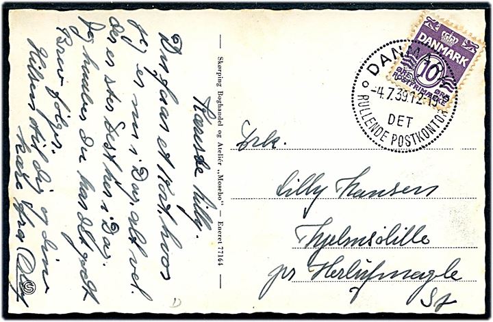 10 øre Bølgelinie på brevkort (Rebil Nationalpark) annulleret med særstempel Danmark * Det Rullende Postkontor * d. 4.7.1939 til Herlufmagle. Det rullende postkontor var opstillet i Skørping d. 4.7.1939 i forbindelse med Rebildfesten.