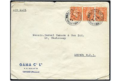 Britisk 2d George VI (3) på luftpostbrev annulleret British Post Office Tangier d. 3.4.1947 til London. Rifter.