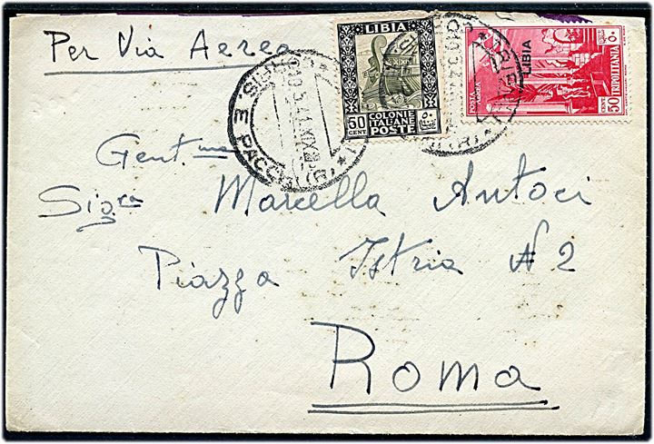 Ilatiensk Libyen. 50 c. og 50 c. Provisorium på luftpostbrev fra Tripoli d. 10.5.1941 til Rom, Italien. På bagsiden ilatiensk feltpostafsender: Posta Militare  Ae7 fra Aeroporto N.1.