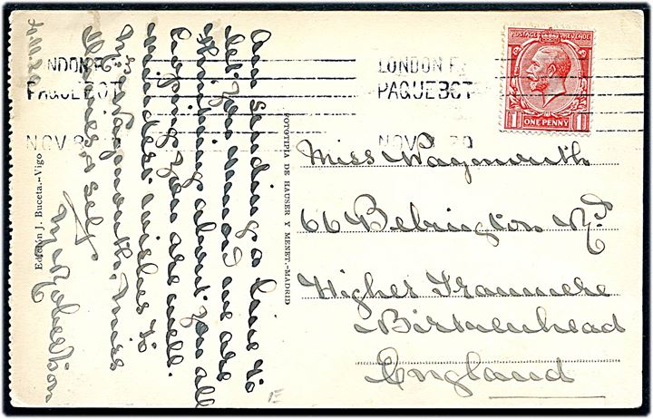 1d George V på brevkort (Vigo, Spanien) dateret d. 4.11.1920 annulleret med skibsstempel London F.S. Paquebot d. 8.11.1920 til England.