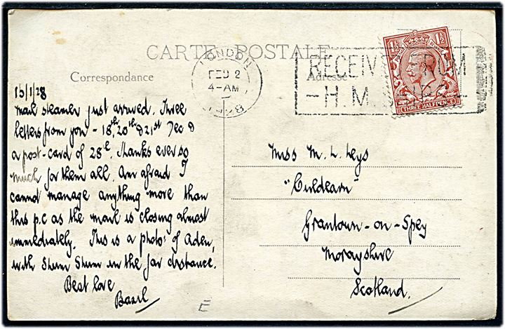 1½d George V på brevkort (Havneparti) dateret d. 15.1.1928 og annulleret London / Received from H.M.Ships d. 2.2.1928 til Scotland.