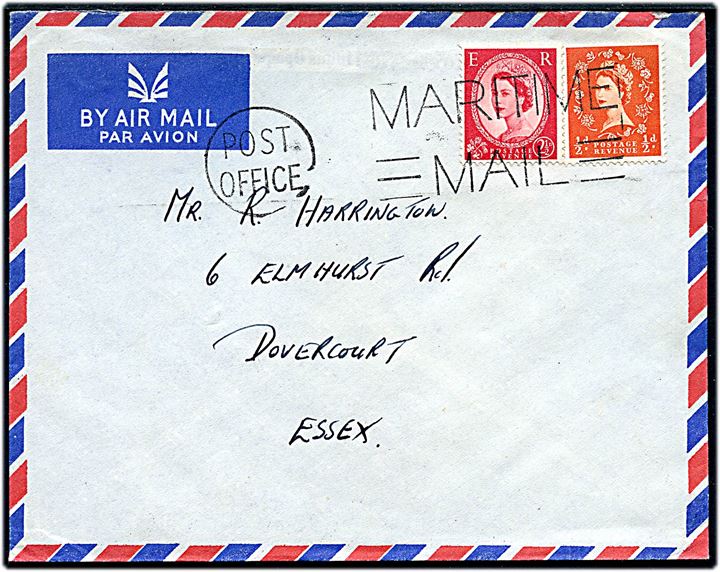 ½d og 2½d Elizabeth på luftpostbrev annulleret med flådepost stempel Post Office / Maritime Mail til Dovercourt, England. Sendt fra Royal Marine ombord på krydseren HMS Newcastle c/o GPO London. Newcastle deltog i 1950'erne bl.a. i Koreakrigen og urolighederne i Malaya.
