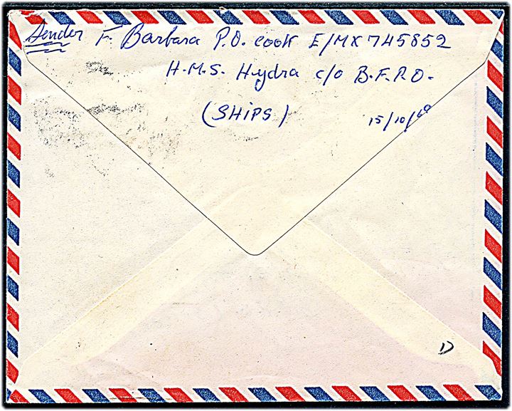 4d Elizabeth på luftpostbrev dateret d. 15.10.1969 annulleret med stumt flådepost stempel Post Office 9 Maritime Mail til sømand ombord på hangarskibet HMS Bulwark BFPO (Ships). Sendt fra sømand ombord på HMS Hydra c/o BFPO (Ships). Hydra var et britisk opmålingsskib som i slutningen af 1969 var i Fjernøsten.