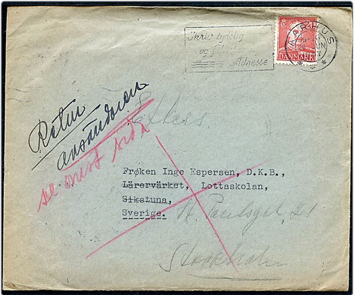20 øre Chr. X på brev fra Aarhus d. 26.6.1947 til dansk lotte i D.K.B. (Danske Kvinders Beredskab) på Lottaskolan i Sigtuna, Sverige - eftersendt til Stockholm og siden returneret til afsender.
