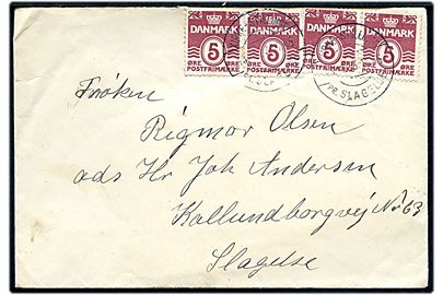 5 øre Bølgelinie (4) på brev annulleret med pr.-stempel Kirke-Stillinge pr. Slagelse d. 13.1.1953 til Slagelse.