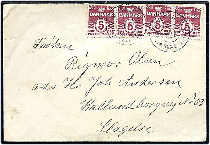 5 øre Bølgelinie (4) på brev annulleret med pr.-stempel Kirke-Stillinge pr. Slagelse d. 13.1.1953 til Slagelse.