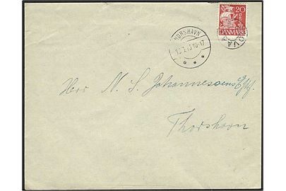 20 øre Karavel på brev annulleret med udslebet stjernestempel MIDVAAG og sidestemplet Thorshavn d. 13.3.1943 til Thorshavn.
