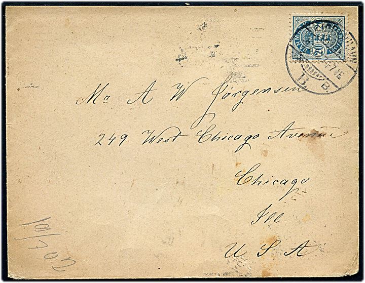 20 øre Våben med matricefejl brud på ydre cirkellinie single på brev fra Kjøbenhavn d. 9.7.1902 til Chicago, USA.