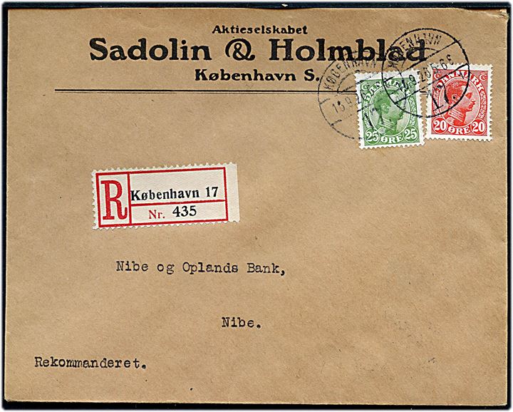 20 øre og 25 øre Chr. X på anbefalet brev fra København d. 16.9.1926 til Nibe.