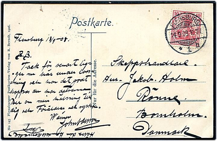 10 pfg. Germania med perfin H.S. på brevkort (Glücksburg Strandhotel med dampskib) fra Flensburg d. 14.9.1908 til Rønne, Danmark.