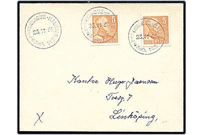 5 öre Gustaf (2) på tryksag annulleret med sejlende bureaustempel Copenhague - Malmö * Amb. 142 * d. 23.11.1950 til Linköping.