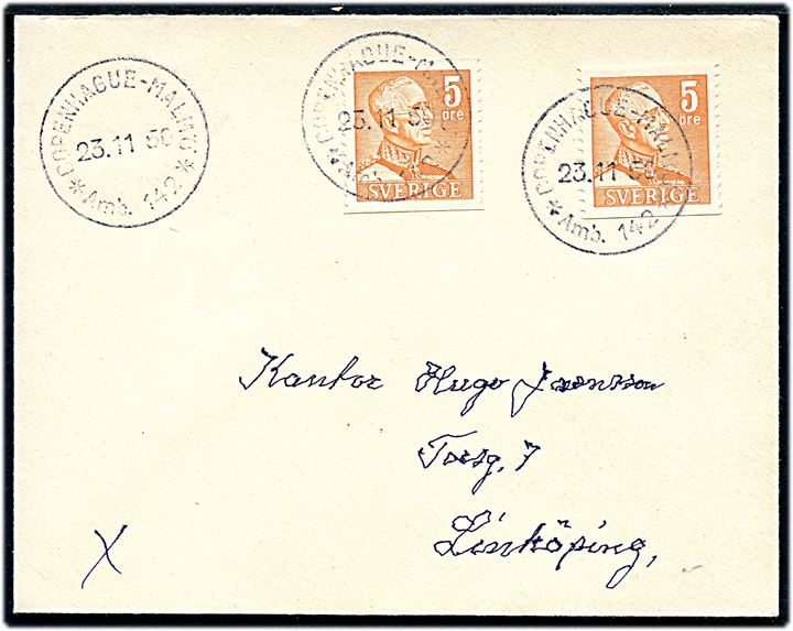 5 öre Gustaf (2) på tryksag annulleret med sejlende bureaustempel Copenhague - Malmö * Amb. 142 * d. 23.11.1950 til Linköping.