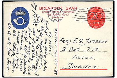 20 öre Nya Sverige Minnet svardel af illustreret dobbelt brevkort annulleret med amerikansk stempel i Winsted Conn. d. 25.1.1938 til militæradresse II Bat. J. 13 i Falun, Sverige.