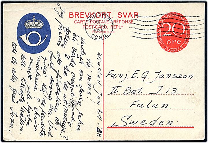 20 öre Nya Sverige Minnet svardel af illustreret dobbelt brevkort annulleret med amerikansk stempel i Winsted Conn. d. 25.1.1938 til militæradresse II Bat. J. 13 i Falun, Sverige.