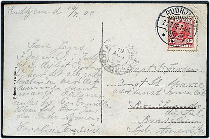 10 øre Fr. VIII på brevkort fra Gudhjem d. 20.7.1908 til Capt. ombord på 3-mastet skonnert Marie c/o Danske Konsulat i Rio Grande du Sul, Brasilien. Ank.stemplet d. 19.8.1908.