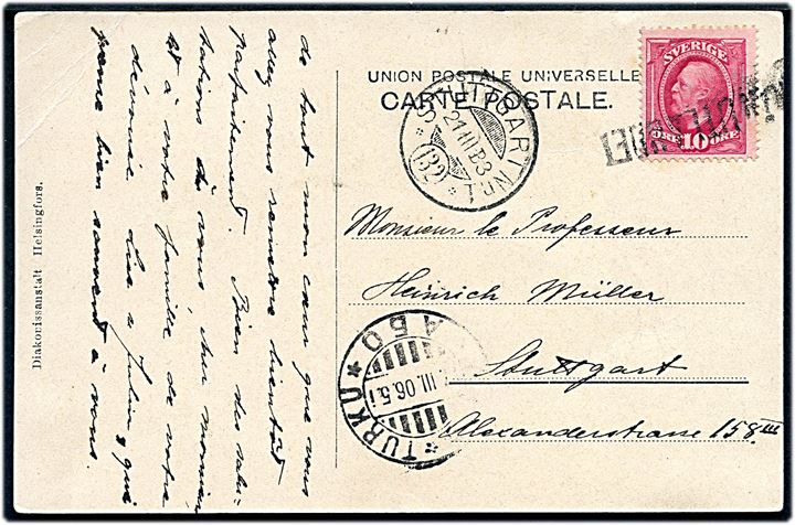 10 öre Oscar på brevkort annulleret med finsk skibsstempel Från Uttlandet og sidestemplet Åbo d. 17.3.1906 til Stuttgart, Tyskland.