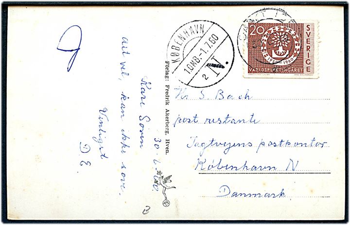 20 öre Flygtningeår på brevkort annulleret Sankt Ibb d. 30.6.1960 til poste restante i København, Danmark.
