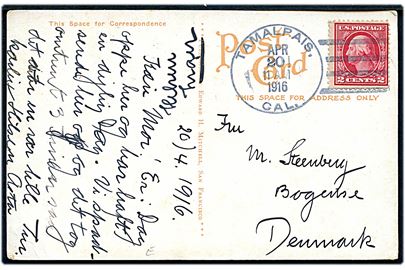 2 cents Washington på brevkort (Marine Exchange Observatory, Summit of Mt. Tamalpais) annulleret Tamalpais, Cal. d. 20.4.1916 til Bogense, Danmark.