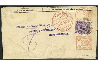 1d franko frankeret korsbånd opfrankeret med 3d George V og sendt med luftpost fra Liverpool d. 5.11.1931 via Berlin til København, Danmark.