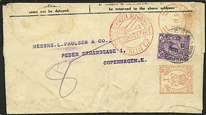 1d franko frankeret korsbånd opfrankeret med 3d George V og sendt med luftpost fra Liverpool d. 5.11.1931 via Berlin til København, Danmark.