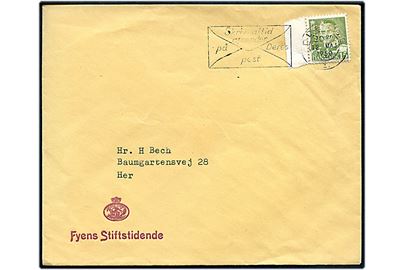 15 øre Fr. IX med perfin F.S. på firmakuvert fra Fyens Stiftstidende sendt lokalt i Odense d. 12.5.1950.