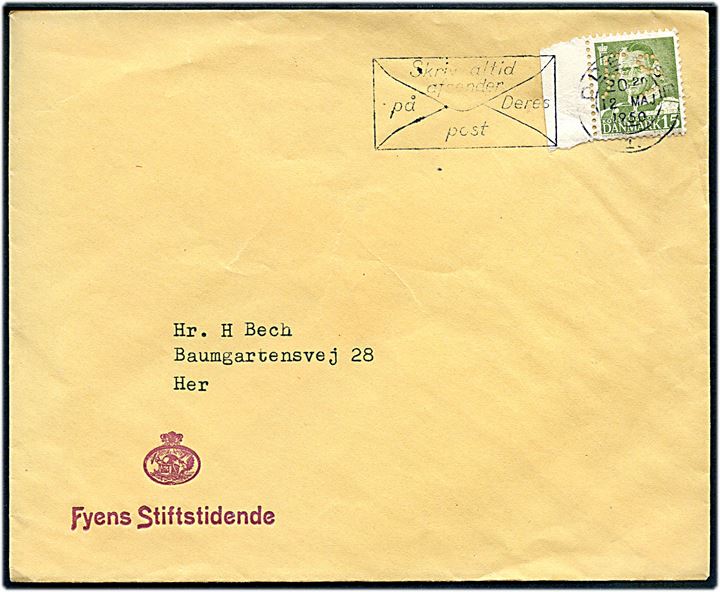 15 øre Fr. IX med perfin F.S. på firmakuvert fra Fyens Stiftstidende sendt lokalt i Odense d. 12.5.1950.