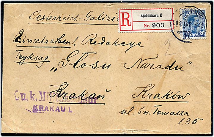 20 øre Chr. X single på anbefalet tryksag fra Kjøbenhavn d. 28.9.1916 til Krakau, Østrig. Østrigsk censur: K.u.K. Militärzensur Krakau 1. 