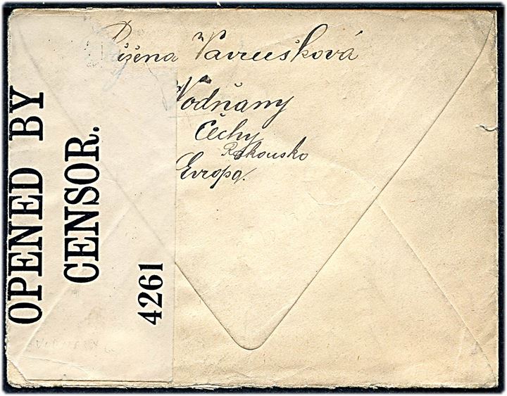 25 h. Franz Joseph single på brev fra Vodnany d. 26.10.1916 til Chicago, USA. Østrigsk censur fra Prag og åbnet af britisk censur no. 4261.