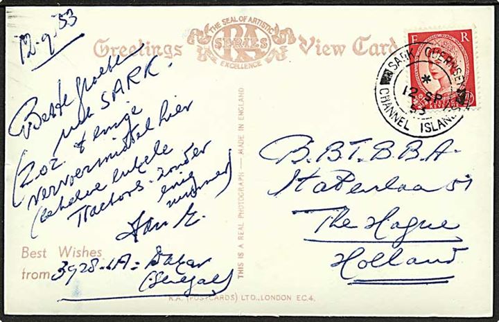 2½d Elizabeth på brevkort (Masline Harbour, Sark, C.I.) stemplet Sark. Guernsey / Channel Islands d. 12.9.1953 til Haag, Holland.