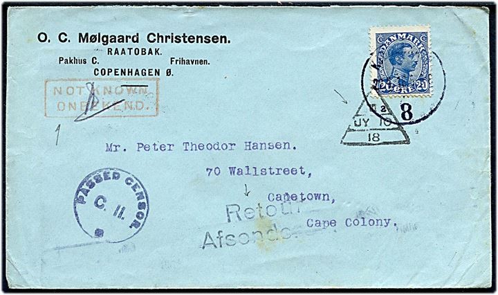 20 øre Chr. X single på brev fra Københavns Frihavn annulleret Kjøbenhavn 8 d. 22.4.1918 til Capetown, Cape Colony, Sydafrika. Retur med flere stempler og sydafrikansk censur: Passed Censor. C.11.