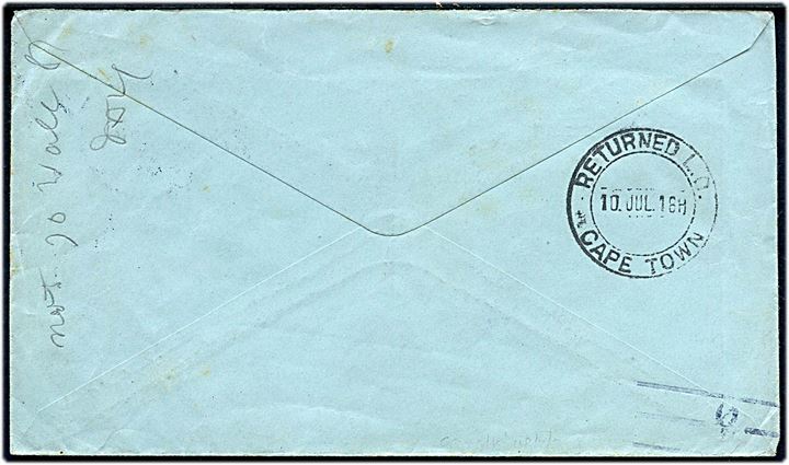 20 øre Chr. X single på brev fra Københavns Frihavn annulleret Kjøbenhavn 8 d. 22.4.1918 til Capetown, Cape Colony, Sydafrika. Retur med flere stempler og sydafrikansk censur: Passed Censor. C.11.