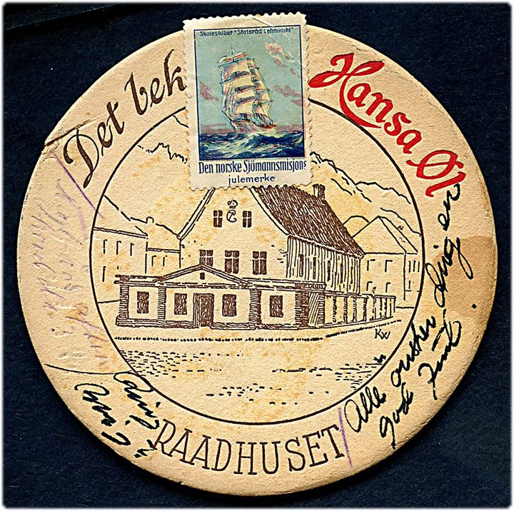 20 øre Holberg på Øl-brik Hansa Øl anvendt som lokalt brevkort i Bergen d. 24.12.1934. På bagsiden Den norske Sjömannsmisjons Julemærke 