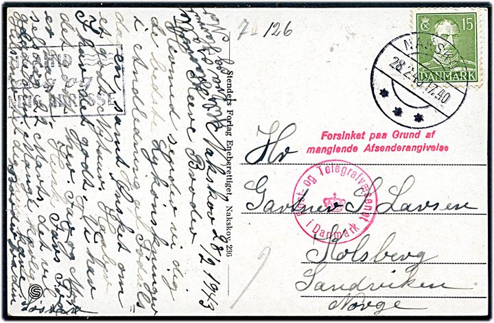 15 øre Chr. X på brevkort fra Nakskov d. 28.2.1943 til Kolsberg, Sandviken, Norge. Dansk censur fra København og stempel Forsinket paa Grund af manglende Afsenderangivelse.