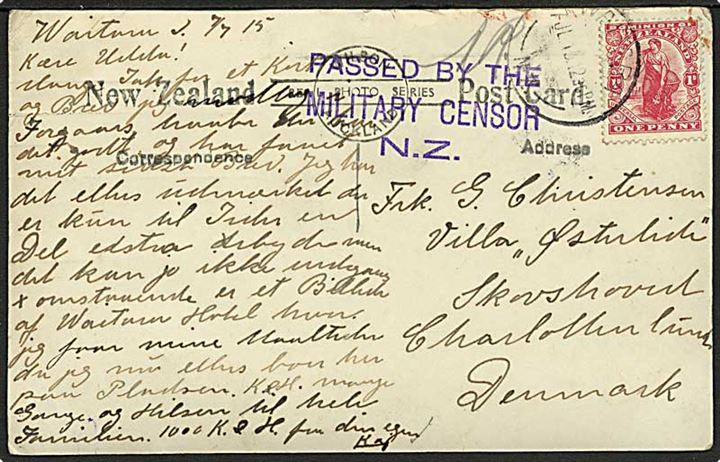1d single på brevkort fra Waitara d. 7.7.1915 til Skovshoved pr. Charlottenlund, Danmark. Violet: Passed by the Military Censor N.Z.