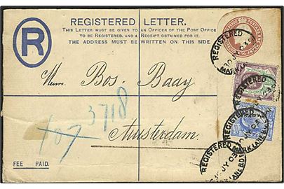 2d Edward VII anbefalet helsagskuvert opfrankeret med 1½d og 2½d Edward VII fra London d. 30.7.1903 til Amsterdam, Holland.