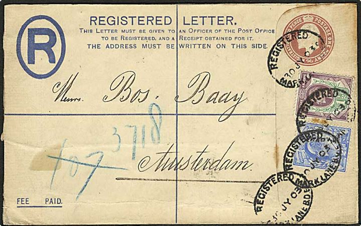 2d Edward VII anbefalet helsagskuvert opfrankeret med 1½d og 2½d Edward VII fra London d. 30.7.1903 til Amsterdam, Holland.