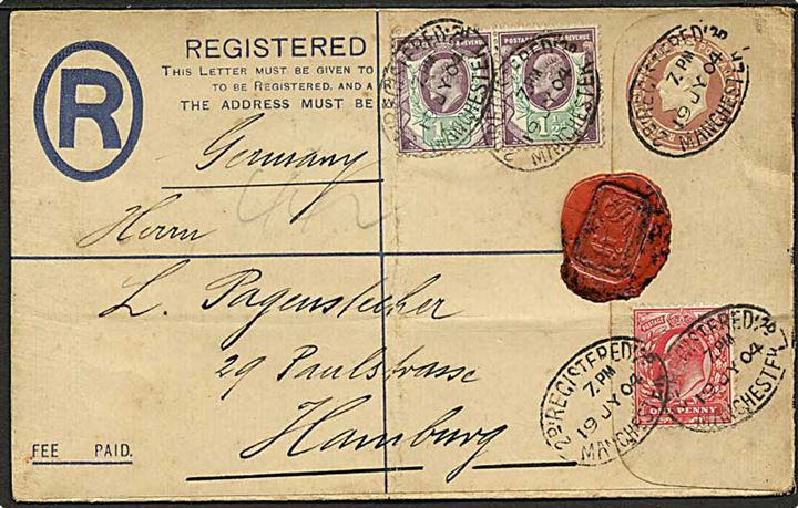 2d Edward VII anbefalet helsagskuvert opfrankeret med 1d og 1½d (2) Edward VII fra Manchester d. 19.7.1904 til Hamburg, Tyskland.