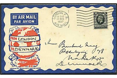 4d George V på illustreret 1. flyvningskuvert fra London d. 13.12.1937 via København til Nakskov, Danmark.