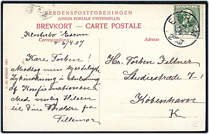 Esrom Kro. Stenders no. 4371. Frankeret med 5 øre Chr. IX annulleret lapidar ESROM d. 6.4.1907 til København.