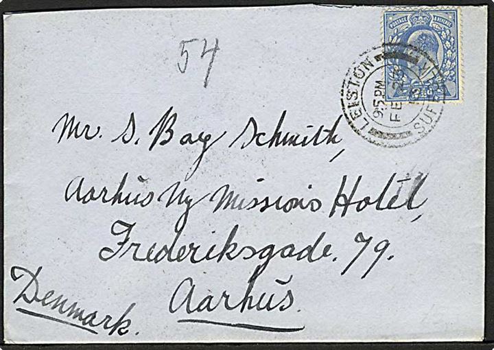 2½d Edward VII på brev fra Leiston d. 23.2.1913 til Aarhus, Danmark.