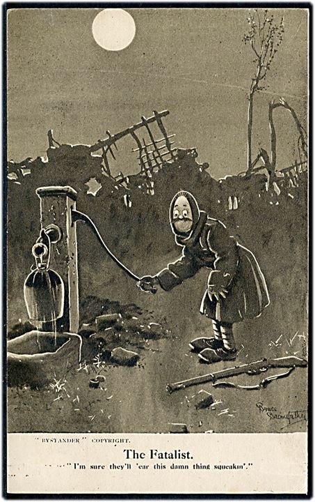 Bruce Bairnsfather: Fragments of France serie 1. The Fatalist, Bystanders. Britisk propaganda postkort fra 1. verdenskrig.