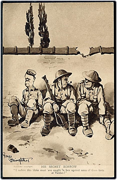 Bruce Bairnsfather: Fragments of France serie 9. The Secret Sorrow, Bystanders. Britisk propaganda postkort fra 1. verdenskrig.
