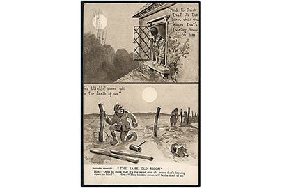 Bruce Bairnsfather: Fragments of France serie 6. The Same Old Moon, Bystanders. Britisk propaganda postkort fra 1. verdenskrig.