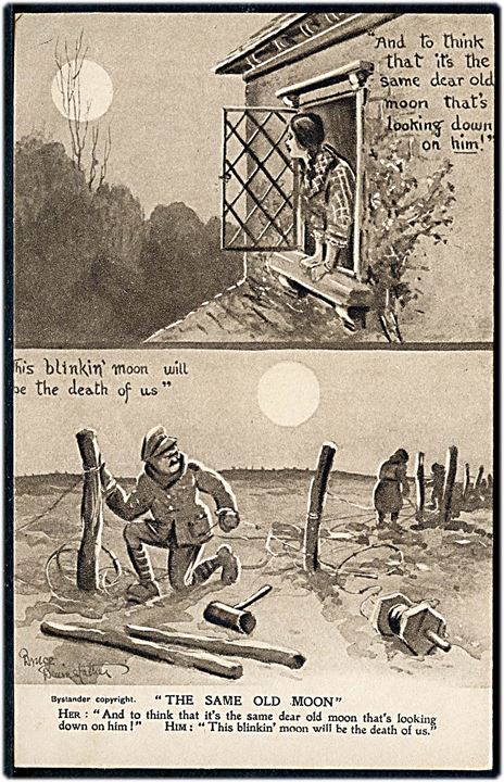 Bruce Bairnsfather: Fragments of France serie 6. The Same Old Moon, Bystanders. Britisk propaganda postkort fra 1. verdenskrig.