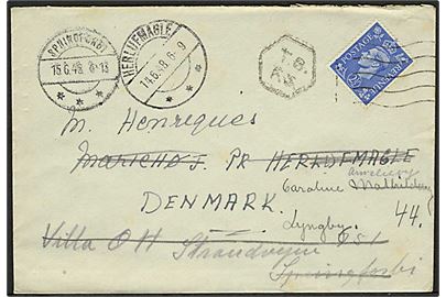 2½d George VI på brev fra London 1948 til Herlufmagle, Danmark - eftersendt til Springforbi.