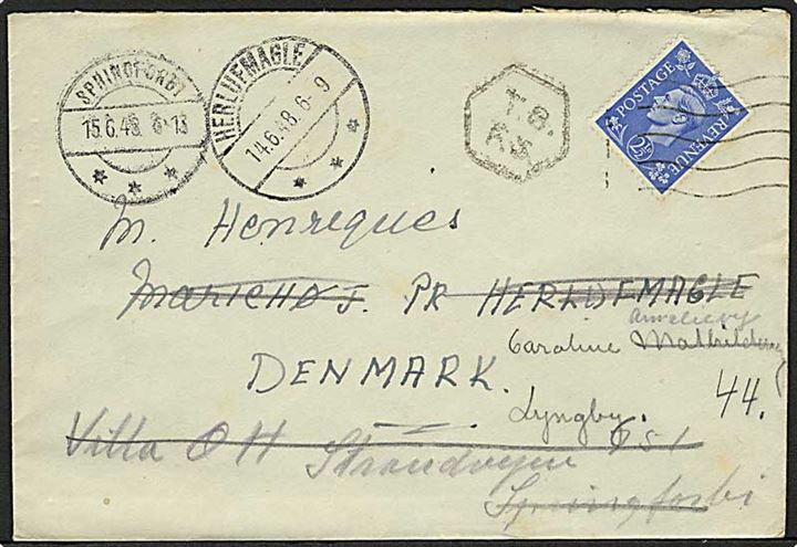 2½d George VI på brev fra London 1948 til Herlufmagle, Danmark - eftersendt til Springforbi.