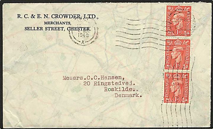 1d George VI i 3-stribe på kuvert lavet af militært landkort Arras, Frankrig fra Chester d. 1.11.1946 til Roskilde, Danmark.