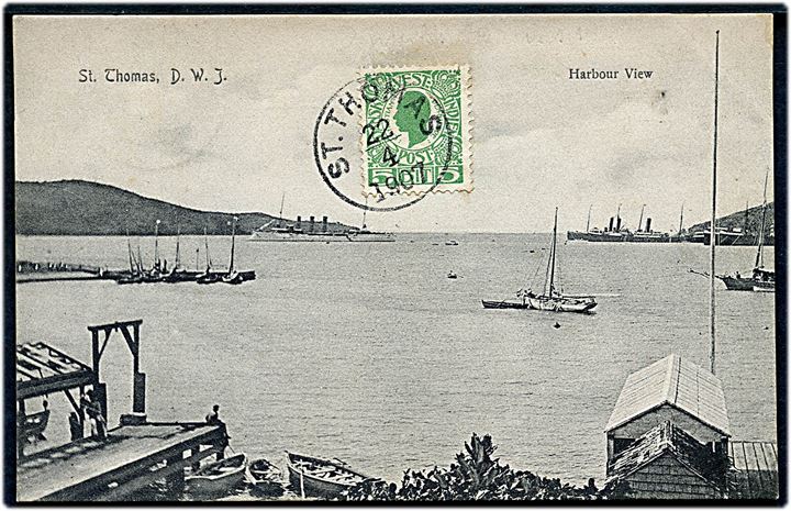 D.V.I., St. Thomas, Harbour View med orlogsskib. Lightbourn no. 60. Frankeret med 5 bit Chr. IX stemplet St. Thomas d. 22.4.1907 til Frankrig.