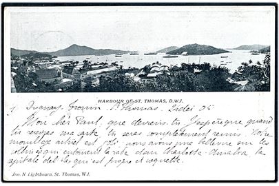 D.V.I., St. Thomas, harbour med skibe. Lightbourn u/no. Frankeret med 10 bit Chr. IX fra St. Thomas d. 25.12.1905 til Frankrig.