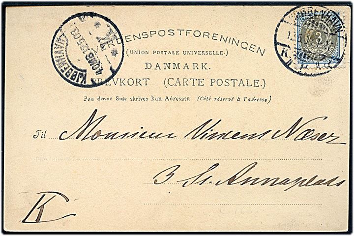 3 øre Tofarvet 22. tryk omv. rm. vm. III på lokalt brevkort i Kjøbenhavn d. 12.5.1903. AFA: 1000,-